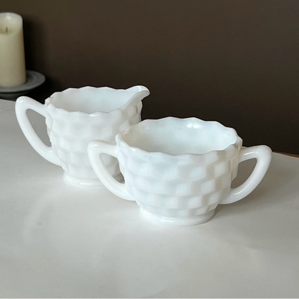 VTG “Cube White” by Jeannette Glass, depression glass sugar & creamer